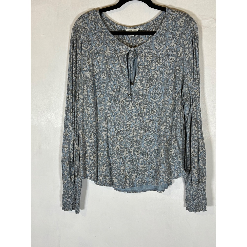 Lucky Brand Large Blue Paisley Boho Blouse Tie V Neck Long Sleeve Smocked Cuff